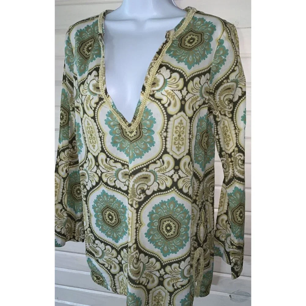 Tommy Bahama Sz SMALL Mandala Khaki Green 100% Cotton Tunic Long Sleeve VGUC - Picture 1 of 9